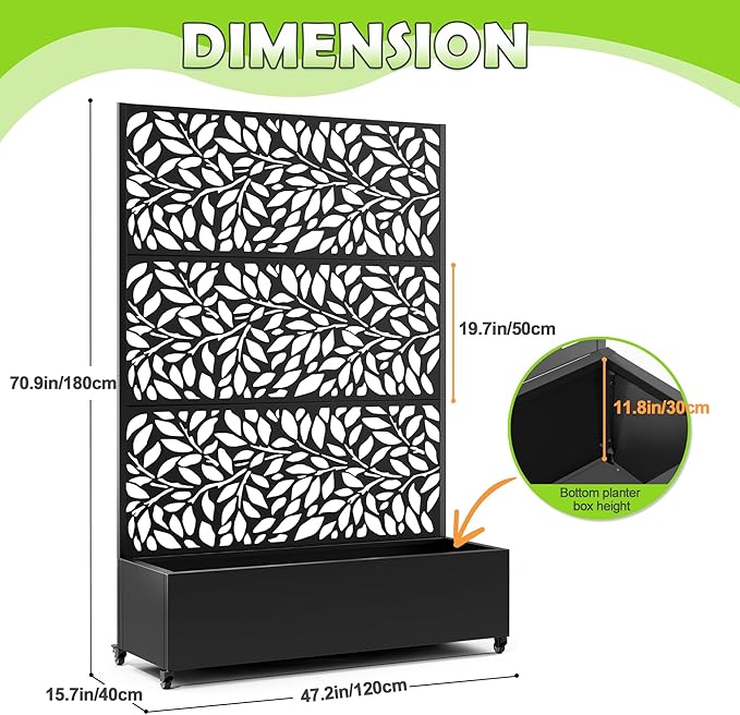 15.7"×70.9"×47.2" Metal Raised Garden Bed with Trellis and Wheels - Tall Trellis Planter Box for Climbing Plants, Vegetables & Vines - Outdoor Privacy Planters for Patio (Black)