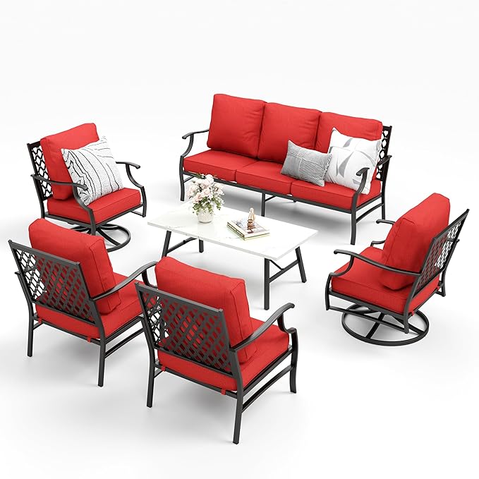 Patio Furniture Set 6 pcs, Outdoor Patio Furniture, 1 X 3-Seat Sofa, 2 X Single Chairs, 2 X Swivel Chairs, 1 X Coffee Table and 5.75" Extra Thick Cushion, Patio Conversation Set,Red