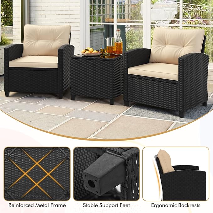 HAPPYGRILL 3 Pieces Wicker Patio Conversation Set, PE Rattan Bistro Sofa Set with Tempered Glass Coffee Table, Washable Cushions, Outdoor Furniture Set for Garden Poolside Balcony (Beige)