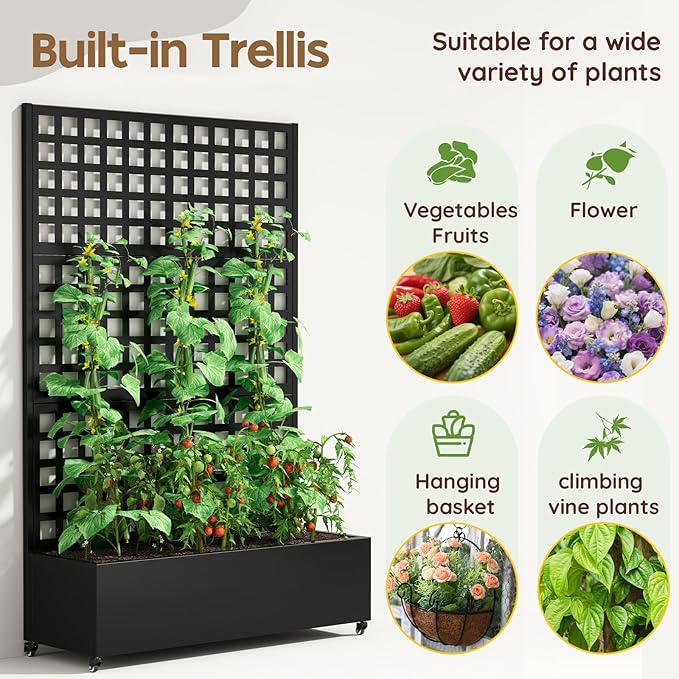 Metal Raised Garden Bed with Trellis & Wheels,70" x 47"x 15.7" Planter Box with Trellis,Privacy Planters for Patio,Garden Bed for Climbing Plants,Suitable for Climbing Plants and Vegetables,Black