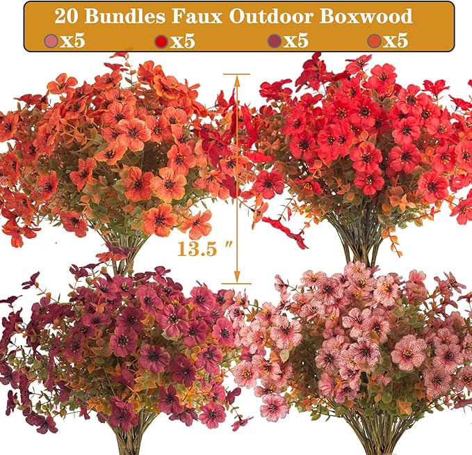 20 Bundles UV Resistant Artificial Fall Flowers - Fake Autumn Plants for Autumn Indoor Outdoor Garden Patio Fireplace Window Box Kitchen Home Decor (Fall Orange Mix)