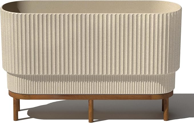 Veradek Demi Series Raised Long Planter for Indoor/Outdoor Use | Made from Plastic & Stone w/Wooden Stand | Modern Patio Décor for Flowers/Shrubs