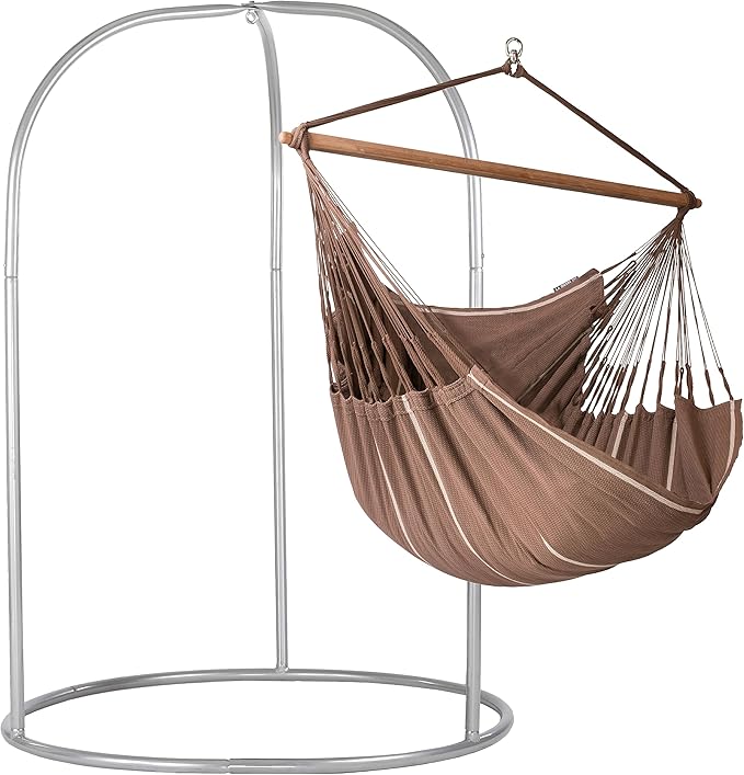 LA SIESTA® - XL King Habana Cotton Hammock Chair & Romano Steel Stand - Hanging Hammock Chair w/Stand - Indoor Outdoor Hammock Chair Swing for Bedroom Porch Balcony - Boho Hanging Chair - Chocolate