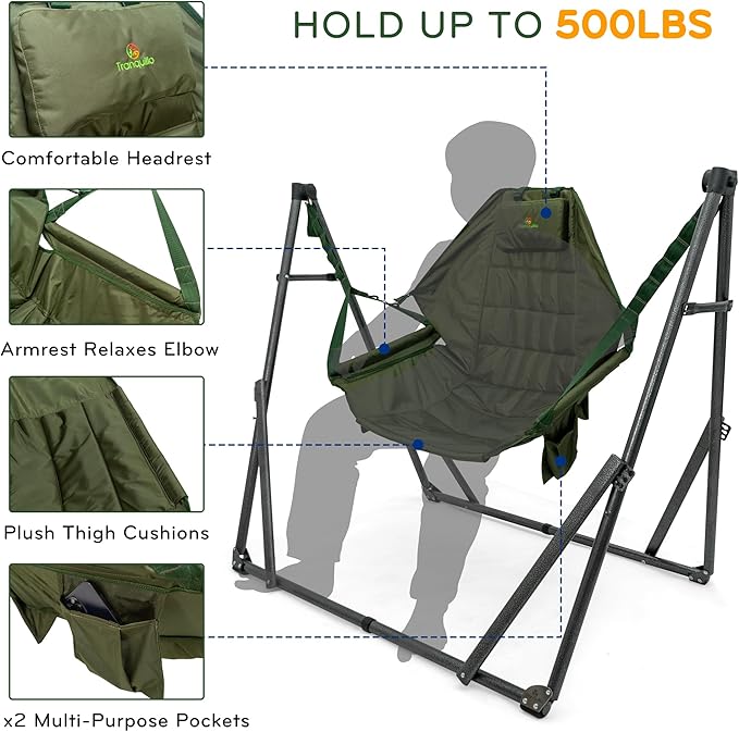 Tranquillo 2 in 1 Hammock and Swinging Chair with Collapsible Steel Stand & Carrying Case, Portable & Adjustable, 30s Set Up for Outdoor, Indoor, Porch Swing, Patio, Garden, Camping Trip, Green