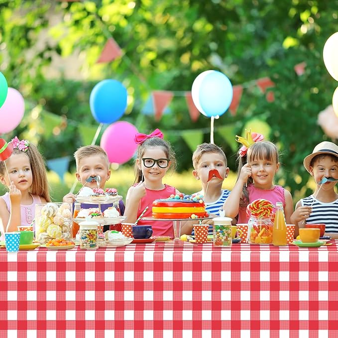 12 Pack Red and White Checkered Tablecloth, Red Plastic Table Cloths for Parties Disposable, 54 x 108 inch Waterproof Red Gingham Tablecloth for Birthday, Party, Christmas, Outdoor Picnic