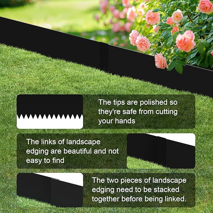 12Pack Landscape Edging Kit, 40" L x 8" H (40ft Total) Galvanized Steel Landscape Lawn Edging Powder for Lawn Yard, Coated Bendable Metal Strips, No-Dig Hammer-in Edging Border w/13Clips