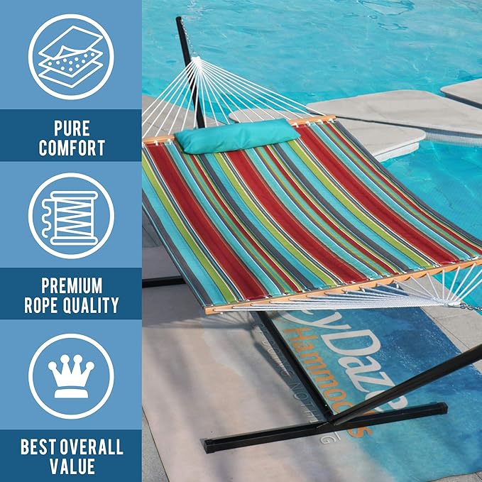Lazy Daze Hammocks 12 FT Quilted Fabric Double Hammock with Spreader Bars and Detachable Pillow, 2 Person Hammock for Outdoor Patio Backyard Poolside, 450lbs Weight Capacity, Blue&Red Stripes
