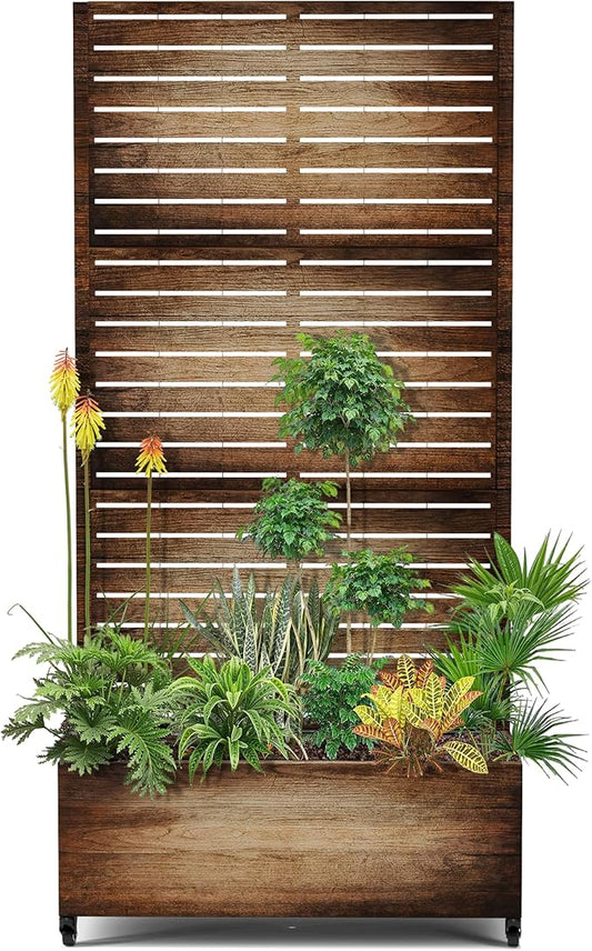 15.7"×70.9"×35.4" Metal Raised Garden Bed with Trellis and Wheels - Tall Trellis Planter Box for Climbing Plants, Vegetables & Vines - Outdoor Privacy Planters for Patio (Vintage Wood Grain)