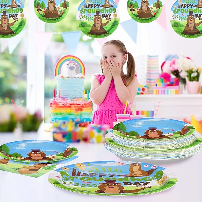 96Pcs Happy Groundhog Day Birthday Party Supplies 350 GSM Groundhog Plates and Napkins Tableware Sets Spring February 2nd Party Decorations for Groundhog Day Themed Baby Shower Party Favor,Servers 24
