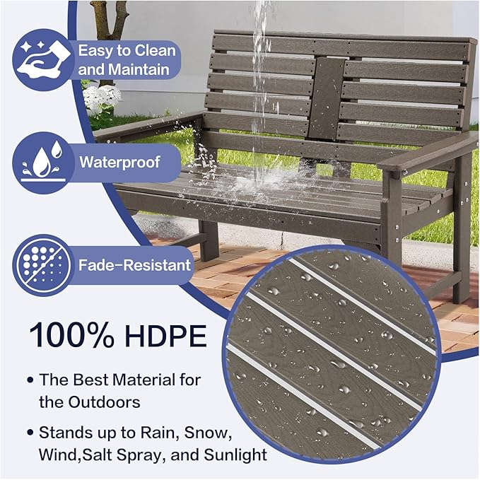 Outdoor Bench Weatherproof - HDPE 2-Person Garden Bench with Cup Holders, Bench Furniture with Backrest and Armrests, 700 lbs Capacity, Patio Park Bench for Front Porch Backyard Park (Brown)