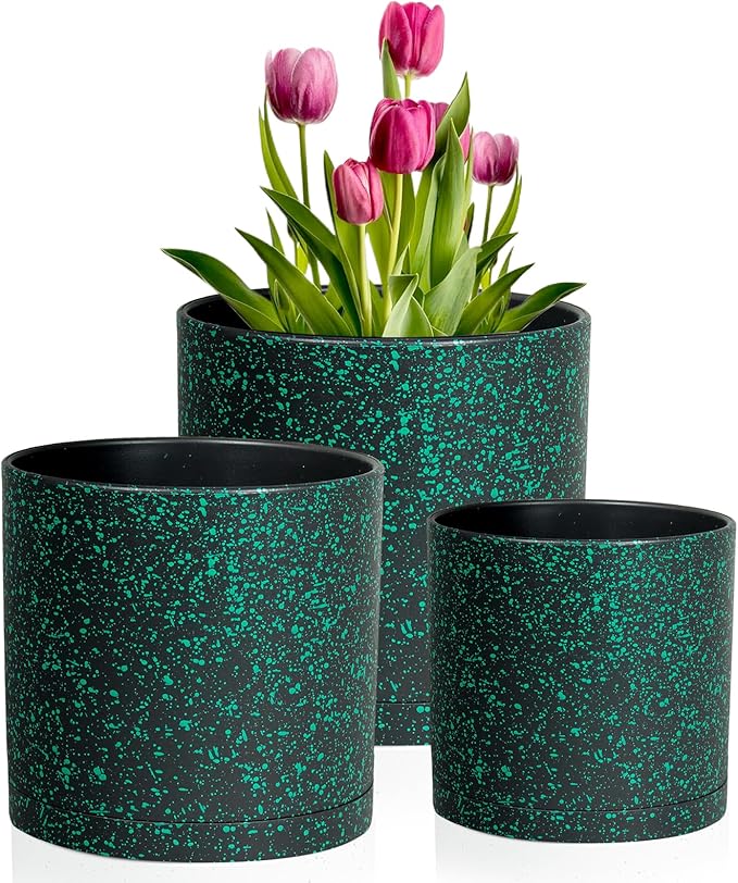 12/10/8 inch Large Deep Plant Pots for Outdoor Indoor Plants, 3 Pack Tall Cylinder Flower Pots, Plastic Planters with Drainage Holes and Saucers for Garden House, Black with Green Speckles