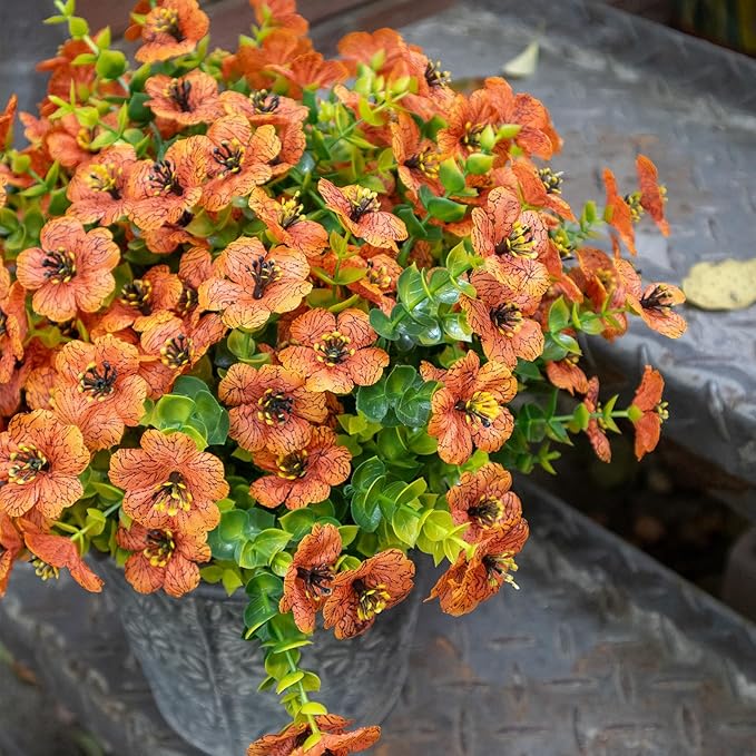 Fall Artificial Flowers for Outdoors, 10 Bundles UV Resistant Artificial Outdoor Flowers, Not-Fading Silk Faux Fall Flowers for Outdoor Planters for Home Garden Porch Decor, Orange