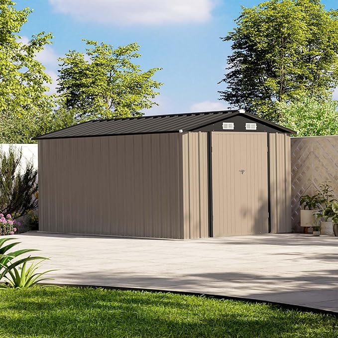 Patiowell 12 x 8 FT Outdoor Storage Shed, Steel Shed Storage House with Design of Lockable Doors, Utility and Tool Storage for Garden, Patio, Backyard, Outside use, Brown
