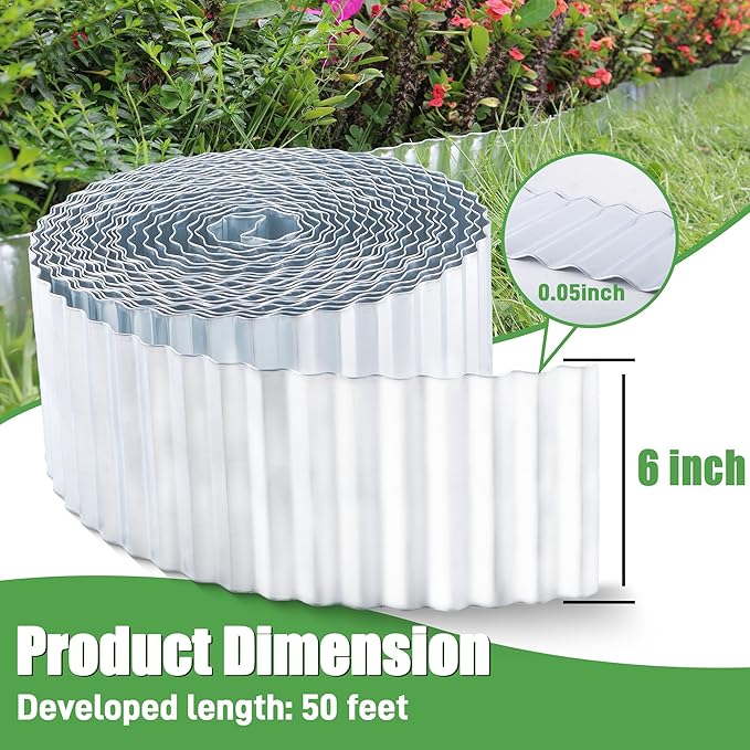 Metal Corrugated Garden Edging, 6" x 50Ft Landscape Edging Border for Garden and Flower Bed, Garden Edging Border for Landscaping, Lawn and Yard, Silvery