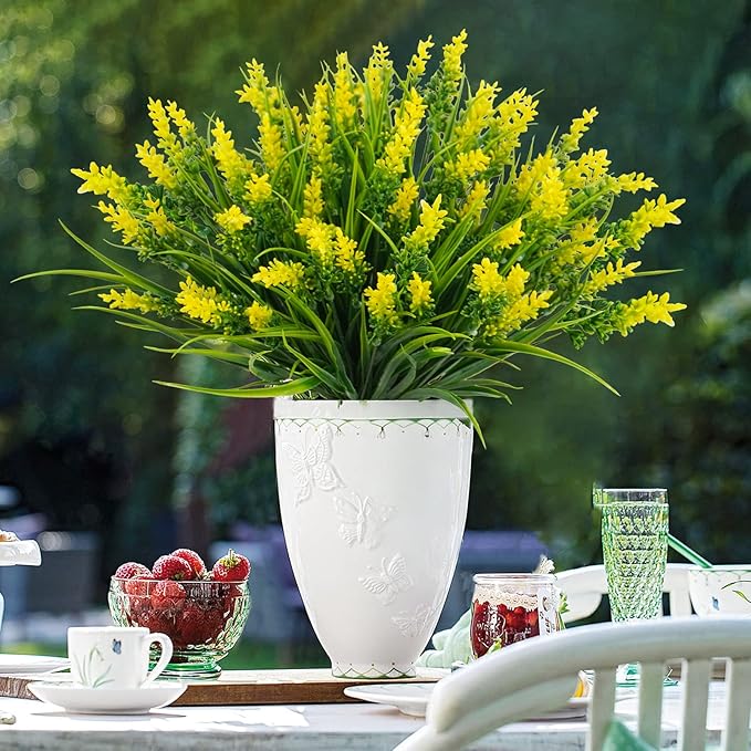 12 Bundles Artificial Plants Outdoor, 18.2" UV Resistant Faux Monkey Grass Greenery Stems No Fade Faux Plastic Flowers Shrubs for Home Weddings Garden Porch Front Patio Office Decor - Yellow
