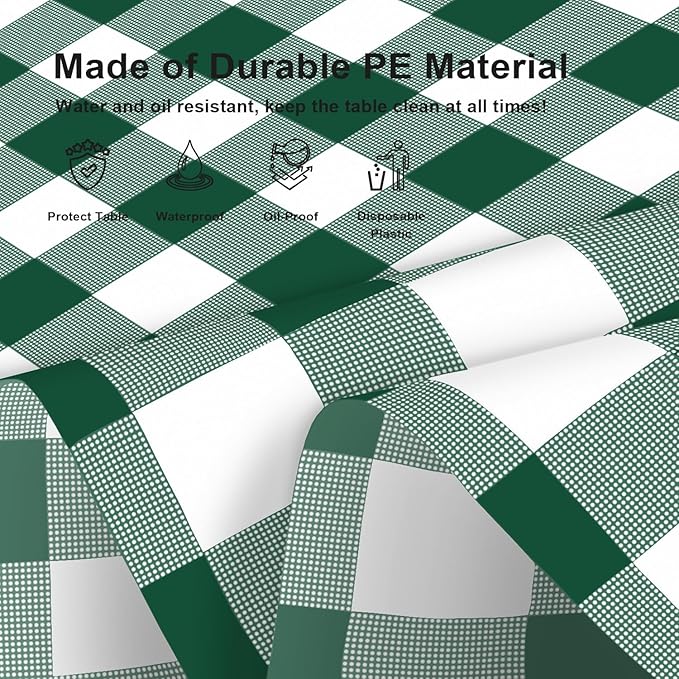 3 Pack Dark Green and White Checkered Tablecloth, Plastic Table Cloths for Parties Disposable, 54x108 in Waterproof Rectangular Gingham Camping Tablecloth for Birthday, Party, Baby Shower