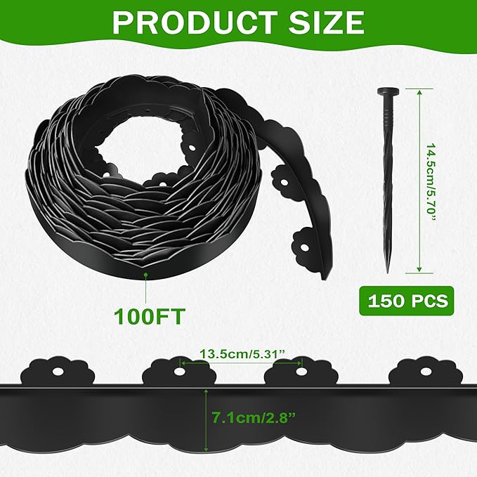 Landscape Edging Border 2.8 in Tall 100FT No Dig Garden Edging Borders with 150pcs Spikes Plastic Lawn Edging for Yard, Pathway and Flower Beds Fence, Black