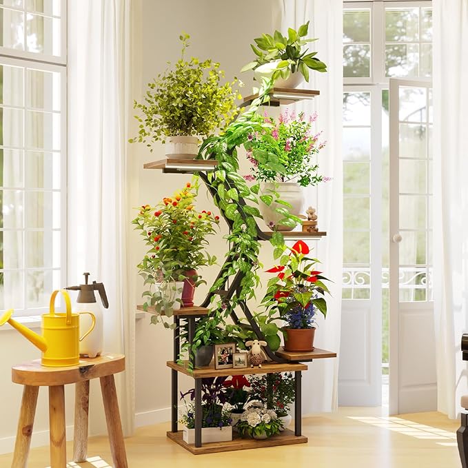 Black Plant Shelves with Grow Lights: 7-Tier 65" Tall Stand for Indoor Corners, Living Room Display or Bedroom Gardening Rack