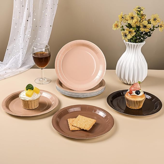 48Pcs Brown Paper Plates Gradient Brown Party Plates 4 Colors 7”Disposable Round Dessert Plates for Birthday Holiday Thanksgiving Gathering Party Supplies