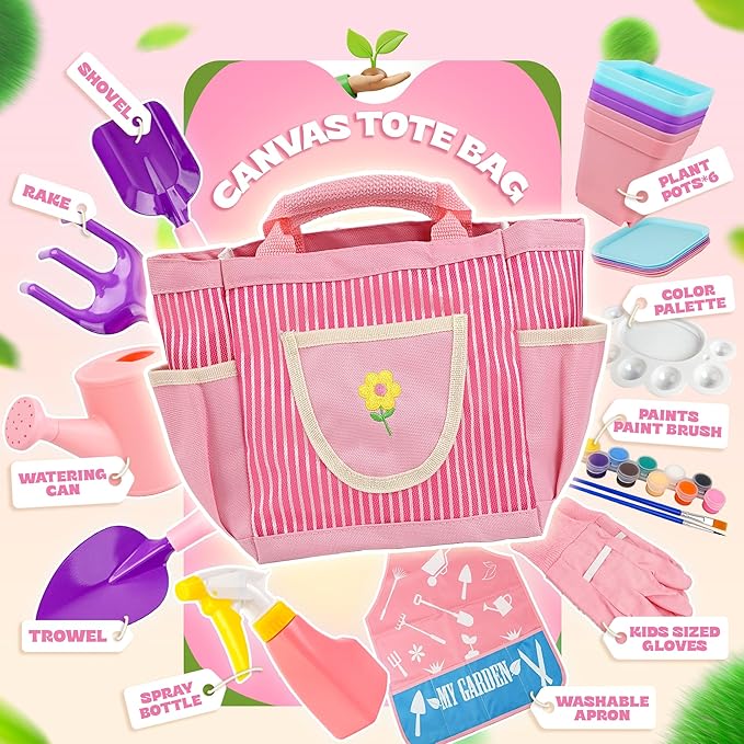 SMILESSKIDDO Kids Gardening Set - Toddler Gardening Set with Shovel Rake Trowel, Apron Tote Bag Watering Can for Kids Gardening Tools - Ideal Kids Gardening Tools Gift for Boys and Girls(Pink)