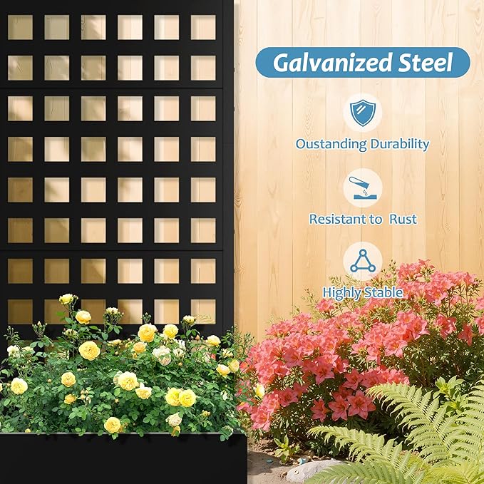 Metal Planter Box with Trellis, Raised Garden Bed with Privacy Screen, Outdoor Standing Flower Beds with Drainage Hole for Climbing Plants, Vine, 23" L x 12" W x 63" H, Black