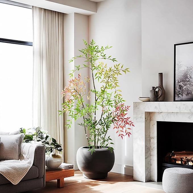 6ft Faux Bamboo Tree Artificial Nandina Tree Artificial Indoor Plants Realistic Fake Potted Tree with 800+ Leaves, Cement Planter - Home Office Decor Perfect for Housewarming Gift Non-Toxic