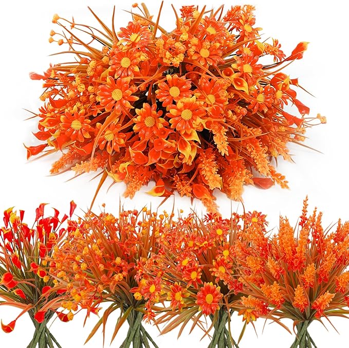 36 Bundles Artificial Fall Flowers for Outdoor UV Resistant Faux Plastic Plants Fake Flowers Greenery Shrubs for Autumn Patio Window Box Kitchen Indoor Outdoor Decor