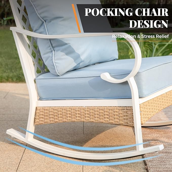 5 Piece Patio Furniture Set, 2 x Rocking Chair, 1 x 2-Seat Sofa, 1 x 3-Seat Sofa with Marbling Coffee Table, All Cushioned 7 Seats Outdoor Conversation Set for Lawn Garden Backyard, Blue