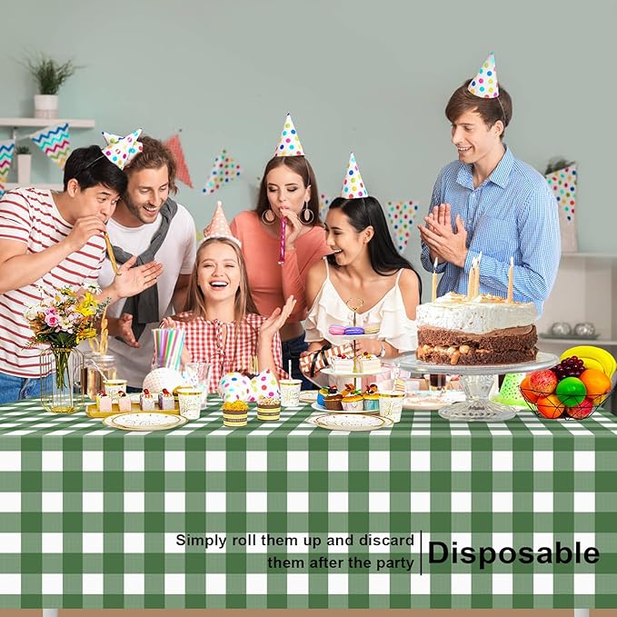 3 Pack Sage Green and White Checkered Tablecloth, Plastic Table Cloths for Parties Disposable, 54x108 in Waterproof Rectangular Gingham Camping Tablecloth for Birthday, Party, Baby Shower