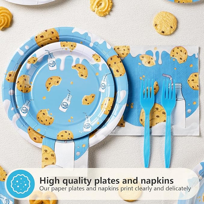 Grencian 96Pcs Milk and Cookies Party Supplies Chocolate Chip Cookies Plates and Napkins Sets Sweet One Birthday Decorations for Boys Baby Shower Milk and Cookies 1st Birthday Party Favor Serves 24