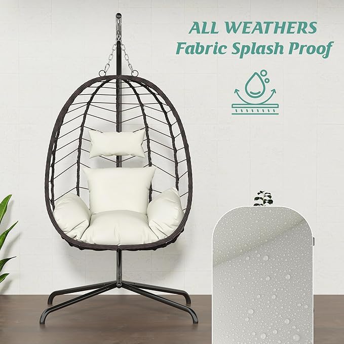Hanging Egg Chair with Stand, Swinging Egg Chair Outdoor Indoor, Hanging Basket Chair with Cushion, Patio Wicker Hammock Chair 350lbs Capacity for Bedroom, Balcony, Backyard, Garden (Beige)