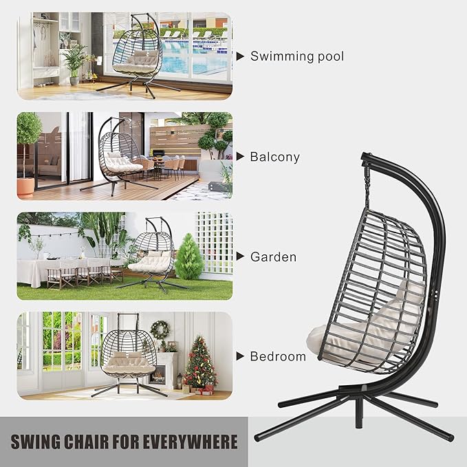 Double Hanging Egg Chair wth Stand, Patio Hammock Swing Chair with Cushion Loveseat for Bedroom, Balcony, Garden, Indoor, Outdoor, Beige