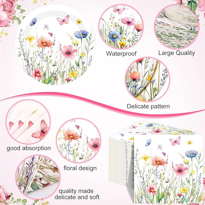 250 Pcs Wildflower Party Decorations Include Spring Summer Floral Paper Plates Napkins and Cups for Wildflower Baby Shower Tea Decorations, Serve 50 Guest(Colored,Vivid Style)