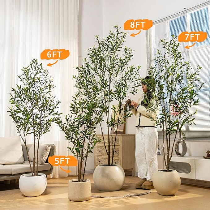7FT Artificial Olive Tree Tall Faux Silk Plant Tall Faux Olive Tree with Natural Wood Trunk & Lifelike Fruits Fake Potted Tree or Home Office Decor
