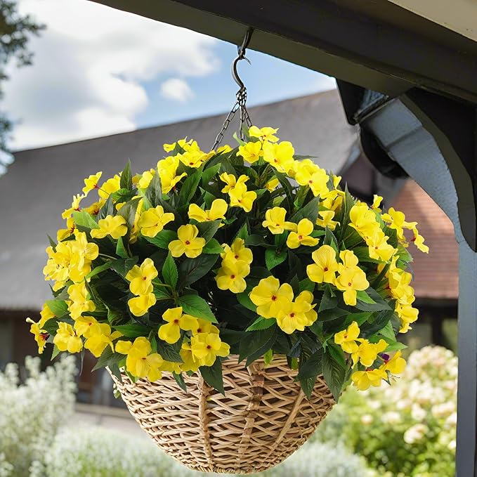 Artificial Flowers for Outdoors Silk Impatiens Flowers Faux Flowers Impatien Bushes Artificial Impatiens for Pot Patio Lawn Garden Hanging Basket Porch Decor (8, Yellow)