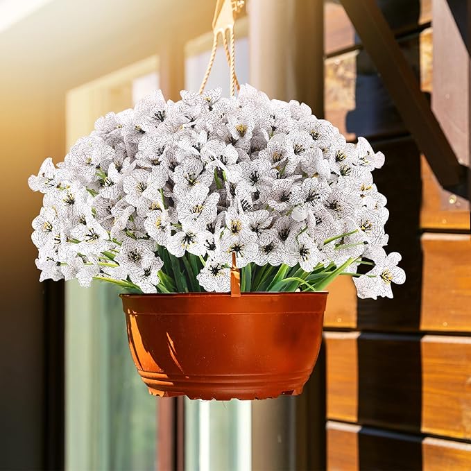 22 Bunches of Outdoor Artificial Flowers, UV Resistant Fake Flowers Artificial Silk Flowers with Plastic Plants for Indoor Outdoor Front Porch Hanging Planter Decoration (22, White)