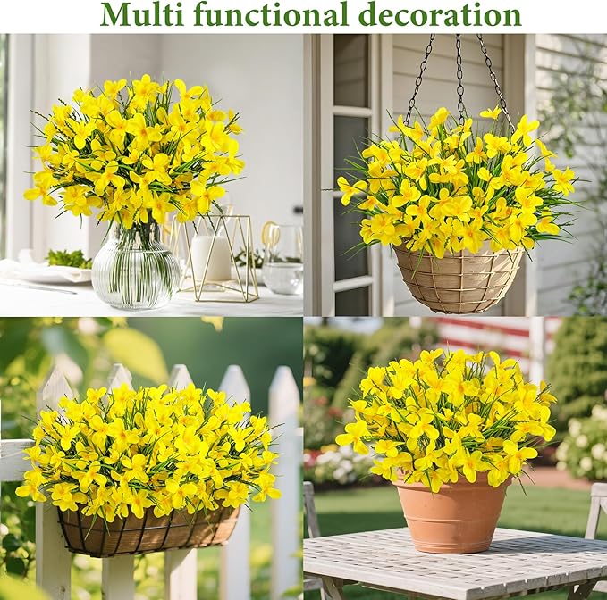 Ouddy Decor 12 Bundles Artificial Flowers for Outdoors Decoration, Fake Freesia Silk Flowers UV Resistant Artificial Plants for Summer Indoor Outside Garden Wedding Farmhouse Porch Home Decor, Yellow