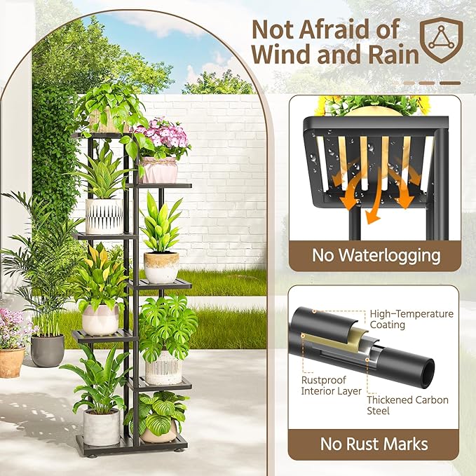 LASZOLA 6 Tier Plant Stand Indoors Outdoors for Large Heavy Duty Planter, Black Metal Tall Flower Holder Rack with Multiple Shelf for Modern Patio Corner, Vertical Organizer, Weather Resistant Bracket