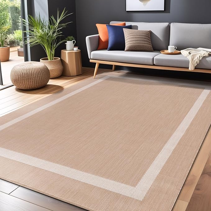 Bordered Outdoor Rug 10x14 Washable Outside Carpet for Indoor Patio Porch Waterproof Easy Cleaning Non Shedding Area Rugs Beige 10 x 14