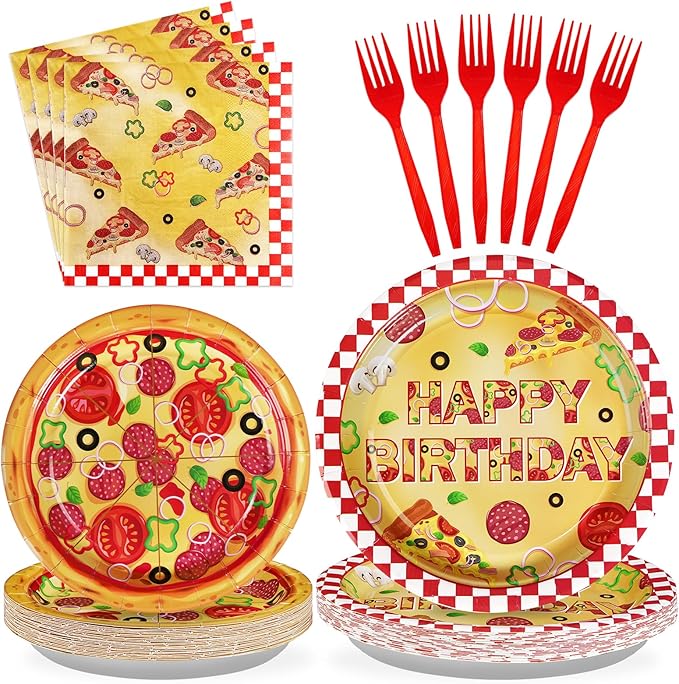 96Pcs Pizza Party Supplies 350GSM Pizza Party Plates and Napkins Tableware Sets Pizza Birthday Party Decorations Favors for Pizza Night Theme Kids Baby Shower Carnival Italy Party Decor Serves 24