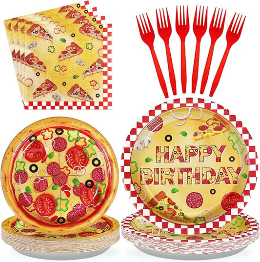 96Pcs Pizza Party Supplies 350GSM Pizza Party Plates and Napkins Tableware Sets Pizza Birthday Party Decorations Favors for Pizza Night Theme Kids Baby Shower Carnival Italy Party Decor Serves 24