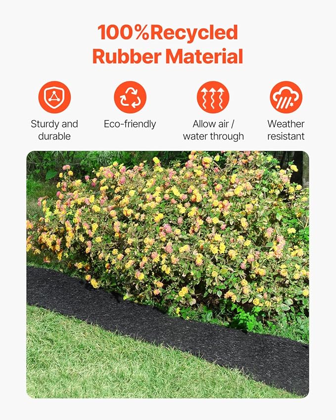 VEVOR Recycled Rubber Mulch Mat 120 x 4.5 in,Permanent Rubber Mulch for Landscaping, Black Mulch Garden Edging Border for Plants, Vegetables & Flower Garden Barrier