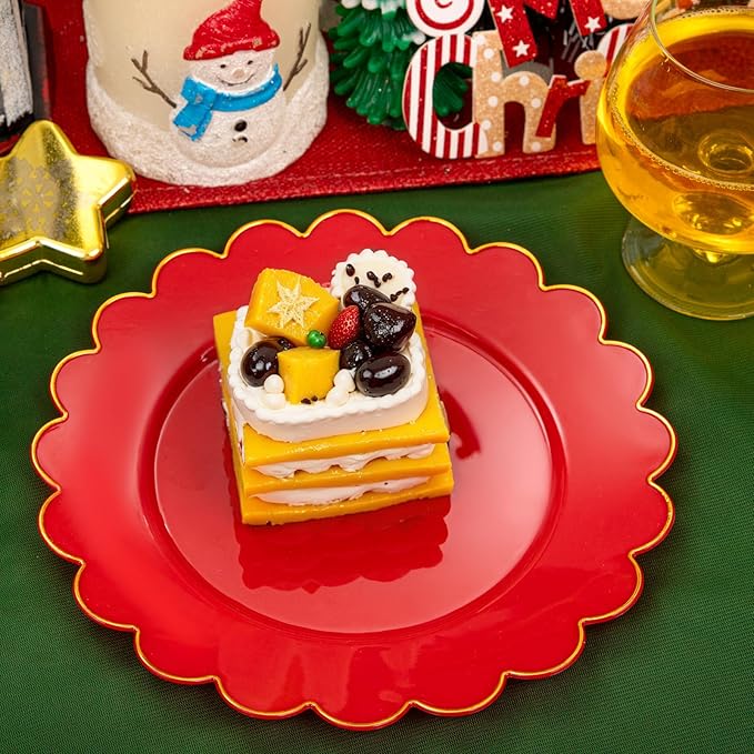SUT 72Pcs Plastic Plates-7.5inch Red Dessert Plates with Gold Trim, Red Disposable Plates, Disposable Plates,Fancy Plastic Plates, Heavy Duty Plastic Plates for Wedding & Parties