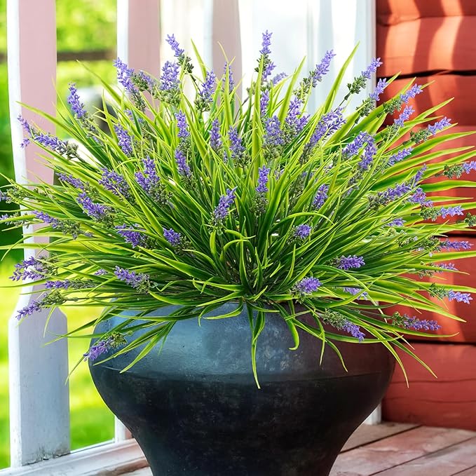 36 Bundles Artificial Plants Outdoor, 18.2" UV Resistant Faux Monkey Grass Greenery Stems No Fade Faux Plastic Flowers Shrubs for Home Weddings Garden Porch Front Patio Office Decor - Purple