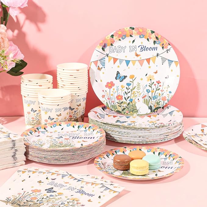 250 PCS Baby in Bloom Baby Shower Decorations Plate Set, Wildflower Paper Plates Napkins and Cups for Birthday Garden Gender Revealing Party Serve 50 Guest