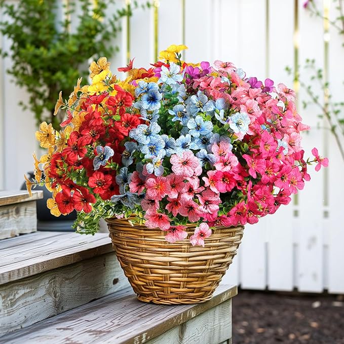 24 Bundles Realistic Artificial Flowers for Outdoors, Fake Flowers UV Resistant, Faux Plants Greenery Beautify Outdoor Hanging Planters Porch Patio Yard Garden Wedding Farmhouse Home Decor