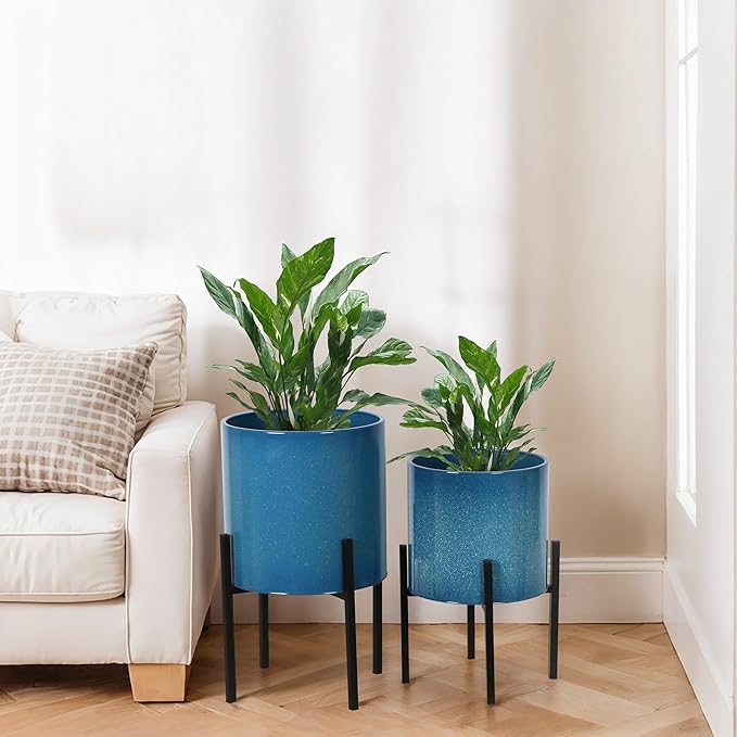 ARNIS Modern Plant Pots, Set of 2 Large Planters with Stand, Decorative Planters, Metal Pots with Drainage Holes for Living Room, Office, Garden or Balcony, 10.5 &12.55 Inch, Blue
