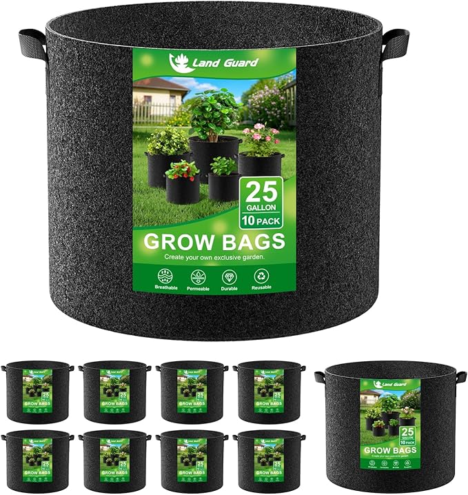 Land Guard 10-Pack Fabric Grow Bags 25 Gallon, Thickened Nonwoven Garden Pots, Growing Bags with Handles, Black