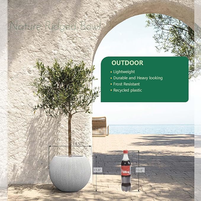 11.8 H x 14.5" Dia (10" Pot Opening) Plastic Beige Round Planters for Outdoor Plants, Resin Flower Pot for Indoor and Outdoor Plants, Plant Pot with Drainage Holes and Plug for Home Patio Garden