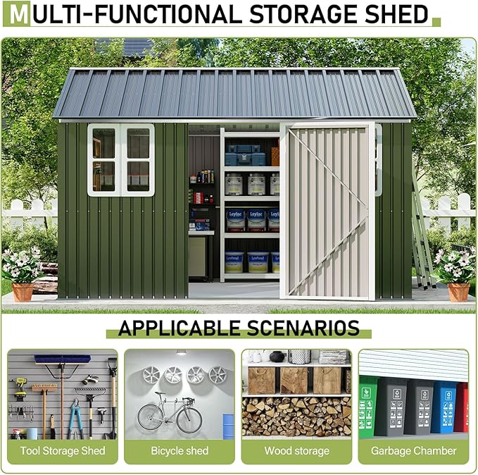 Vanacc 12x10.3x8.1 FT Galvanized Steel Outdoor Storage Shed with a Lockable Hinged Door and 2 Windows, Metal shed for Garden, Backyard, Dark Grey/White
